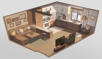cabinet carpet chair commentary concept_art couch curtains day english_commentary highres indoors isometric kettle kitchen lamp living_room lounge_chair ma_someru no_humans original photo_(object) refrigerator rug scenery sink stool stove table television toaster wainscoting window_blinds window_light wooden_floor