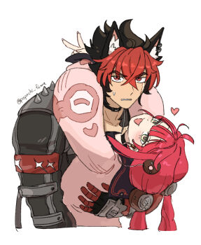 1boy 1girl animal_ears black_choker black_hair black_jacket black_sailor_collar blush braid braided_twintails cardigan choker couple dog_boy dog_ears gloves green_eyes hair_ornament hearing_aid heart highres hug jacket komano_manato long_hair looking_at_viewer low_twin_braids multicolored_hair muscular muscular_male open_mouth pectorals pink_cardigan popochi_fuwa red_bandage red_eyes red_hair sailor_collar scar scar_across_eye scar_on_face short_hair smile sphere_hair_ornament spiked_jacket twin_braids twintails ukinami_yuzuha v very_long_hair zenless_zone_zero