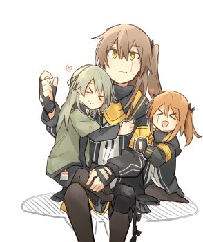 &gt;_&lt; 3girls 404_(girls&#039;_frontline) 404_logo_(girls&#039;_frontline) armband closed_eyes collared_shirt girls&#039;_frontline gloves hair_between_eyes highres jacket long_hair long_sleeves multiple_girls non-web_source open_mouth scar scar_across_eye scar_on_face scarf shirt simple_background smile ump40_(girls&#039;_frontline) ump45_(girls&#039;_frontline) ump9_(girls&#039;_frontline) xinhao yellow_armband