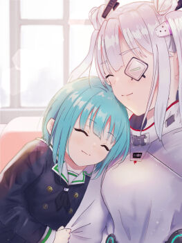 2girls bungo_yayoi closed_eyes commentary_request eyepatch green_hair grey_hair heaven_burns_red highres multiple_girls pipopipo350 school_uniform short_hair sleeping sleeping_on_person sweater_vest yamawaki_bon_ivar