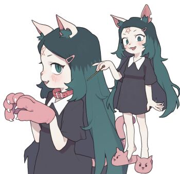 1girl :3 animal_ear_fluff animal_ears animal_hands animal_nose arm_at_side black_dress blush cat_ears cat_tail claire_d&#039;lune collar commentary dress english_commentary fangs flat_chest forehead_tattoo from_side full_body gloves green_eyes green_hair hair_ornament hairclip hand_up hands_up highres holding holding_wand long_hair looking_at_viewer medium_dress messy_hair multicolored_hair multiple_views open_mouth paw_gloves pentagram pink_slippers possummachine profile red_collar short_eyebrows short_sleeves sidelocks simple_background slippers slit_pupils smile straight_hair tail tattoo the_summoning two-tone_hair upper_body v-shaped_eyebrows very_long_hair wand white_background white_collar
