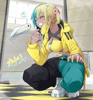 1girl aqua_hair aqua_nails belt black_belt black_hair blonde_hair breasts canari_(pokemon) checkered_floor cleavage closed_eyes commentary_request crop_top cropped_jacket dark-skinned_female dark_skin eyelashes floating full_body gen_5_pokemon heart hood hood_down hooded_jacket indoors jacket long_sleeves mask mask_pull mega_stone midriff mouth_mask multicolored_hair multicolored_nails nail_polish nintendo pants pokemon pokemon_(creature) pokemon_legends:_z-a sheep_angle shirt shoes smile split-color_clothes squatting teeth translation_request twintails two-tone_nails two-tone_pants tynamo watermark white_shoes yellow_jacket yellow_nails yellow_shirt zipper