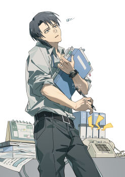 Rule 34 | 1boy, absurdres, belt, black belt, black hair, black pants, calendar (object), collared shirt, commentary, cowboy shot, english commentary, furrowed brow, highres, holding, holding binder, holding pencil, levi (shingeki no kyojin), male focus, pants, parted lips, pencil, phone, shingeki no kyojin, shirt, short hair, sleeves rolled up, solo, talking on phone, watch, white background, white shirt, wristwatch, zest (kumolyy)