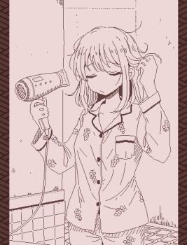 Rule 34 | 1girl, bathroom, collar, drying, floor, food, fruit, grapes, greyscale, hair dryer, hamsterfragment, holding, lineart, monochrome, original, pajamas, patterned, pocket, pout, shinohata sachie (hamsterfragment), sketch, sleepy, solo