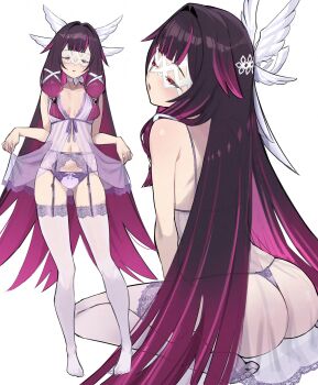 1girl absurdres ass ayatak0517 babydoll black_hair breasts closed_eyes columbina_(genshin_impact) commentary_request eye_mask garter_belt garter_straps genshin_impact gradient_hair hair_wings highres lingerie mask multicolored_hair navel panties parted_lips purple_garter_belt purple_garter_straps purple_hair see-through_babydoll see-through_clothes simple_background small_breasts stomach thighhighs thighs thong two-tone_hair underwear white_background white_panties white_thighhighs