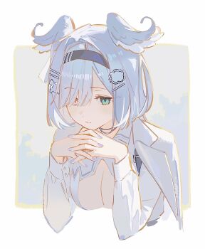 1girl animal_ears belt belt_buckle bird_ears black_belt black_hairband blunt_bangs border bored breasts buckle cleavage cleavage_cutout closed_mouth clothing_cutout cropped_torso dot_nose elira_pendora elira_pendora_(4th_costume) frown green_eyes grey_background hair_intakes hair_ornament hair_over_one_eye hairband hairclip heterochromia highres jacket jacket_on_shoulders lapels long_sleeves looking_ahead nail_polish nijisanji nijisanji_en notched_lapels outline outside_border pink_eyes purple_nails shirt short_hair shoulder_belt solo soybean_(hisoybean) star_(symbol) star_hair_ornament virtual_youtuber white_border white_hair white_jacket white_shirt yellow_outline