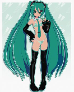 1girl 3d absurdres aqua_hair aqua_nails bikini black_sleeves breasts detached_sleeves green_eyes hatsune_miku highres kio_(majin_kz) long_hair side-tie_bikini_bottom small_breasts solo striped_bikini striped_clothes swimsuit twintails very_long_hair vocaloid