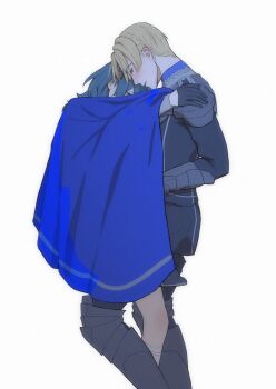 Rule 34 | 1boy, 1girl, armored boots, black boots, black gloves, blue hair, boots, carrying, commentary, dimitri alexandre blaiddyd, english commentary, female byleth (academy) (fire emblem), female byleth (fire emblem), fire emblem, fire emblem: three houses, from side, garreg mach monastery uniform, gloves, half gloves, hetero, highres, implied sex, karini, knee boots, looking down, medium hair, nintendo, princess carry, simple background, variant set, white background