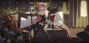 1girl absurdres black_c_(net_dust) black_dress black_panties black_thighhighs breasts cleavage closed_mouth couch dorothy_(masterwork_apocalypse) dorothy_(nikke) dorothy_(nostalgia)_(nikke) dress flower goddess_of_victory:_nikke hand_on_own_cheek hand_on_own_face highres indoors lamp large_breasts long_hair looking_at_viewer night night_sky on_couch panties pink_hair purple_eyes sitting sky solo thighhighs underwear