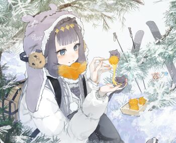 2girls absurdres alternate_costume backpack bag beanie blue_eyes center-flap_bangs cheese cheese_trail chocosong coat commentary_request earflap_beanie earmuffs fish food gradient_hair hair_ornament hakos_baelz hat highres holding holding_food hololive hololive_english multicolored_hair multiple_girls ninomae_ina&#039;nis orange_hair outdoors purple_hair purple_hat sameko_saba sameko_saba_(fish) sitting ski_pole skis snow solo_focus takodachi_(ninomae_ina&#039;nis) takoyaki tentacle_hair tree virtual_youtuber white_coat winter winter_clothes winter_coat