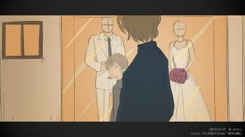 Rule 34 | 1boy, black shirt, boku dake ga inai machi, bouquet, brown hair, commentary request, dated, dress, flower, formal clothes, from side, kobayashi kenya, letterboxed, looking at reflection, mairu (582284310), male focus, shirt, short hair, suit, translation request, wedding dress, white suit