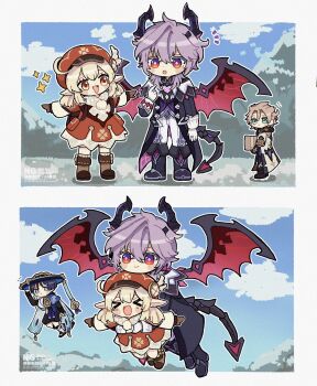 &gt;_&lt; 1girl 3boys ahoge albedo_(genshin_impact) aqua_eyes arm_at_side armor black_boots black_bridal_gauntlets black_hood black_horns black_pants black_sandals black_shorts black_sleeves black_tail blonde_hair blue_cape blue_gemstone blue_hat blue_sky blue_sleeves blunt_ends blush boots box bridal_gauntlets bridal_legwear brown_boots brown_eyes brown_gloves cape chest_jewel closed_eyes closed_mouth cloud cloudy_sky coat dragon_boy dragon_horns dragon_tail dragon_wings dress eyelashes feathers flying gem genshin_impact gloves gold hair_between_eyes hakama hakama_shorts hat hat_feather heart-shaped_gem highres holding holding_box hood hood_down hooded_coat horns hug hug_from_behind index_finger_raised japanese_armor japanese_clothes jingasa klee_(genshin_impact) kote kurokote layered_sleeves leg_warmers long_sleeves looking_at_another low_twintails mini_durin_(genshin_impact) mini_durin_(human)_(genshin_impact) mkgnmk3 multiple_boys newsboy_cap notice_lines open_mouth outdoors outstretched_arms pants pink_gemstone pleated_shorts pointing pointing_at_self pointy_ears pom_pom_(clothes) purple_eyes purple_hair purple_vest red_dress red_hat red_wings sandals scaramouche_(genshin_impact) scarf shorts sidelocks sky smile spread_arms standing stirrup_legwear tail three-quarter_sleeves toeless_legwear triangle_mouth twintails vest vision_(genshin_impact) wanderer_(genshin_impact) watermark white_coat white_feathers white_gloves white_leg_warmers white_pants white_scarf white_sleeves white_trim wings wispy_bangs zouri