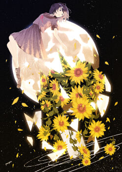 1girl flower highres lying moon night night_sky on_back original petals school_uniform short_hair short_sleeves side_part sky solo star_(sky) sunflower yanagima_yu03