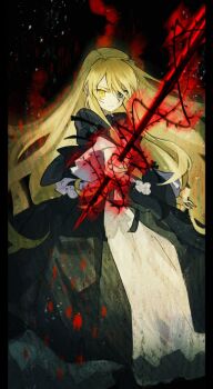 1girl blonde_hair blue_eyes darkness heterochromia hinata_(echoloveloli) holding holding_weapon long_hair mary_clarissa_christie serious shikkoku_no_sharnoth solo steampunk_(liarsoft) very_long_hair weapon yellow_eyes