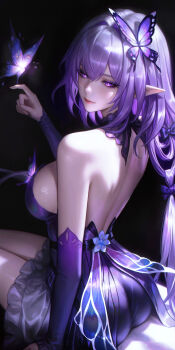 1girl ass back backless_dress backless_outfit bare_shoulders breasts bug butterfly castorice_(gossamer_flutter)_(honkai:_star_rail) castorice_(honkai:_star_rail) chinese_commentary closed_mouth commentary_request dark_background dress hair_between_eyes hair_intakes hand_up highres honkai:_star_rail honkai_(series) insect large_breasts long_hair looking_at_viewer looking_to_the_side official_alternate_costume pointy_ears purple_butterfly purple_dress purple_eyes purple_hair shoulder_blades sideboob sitting smile solo turning_head wo_jiushi_kanbudong