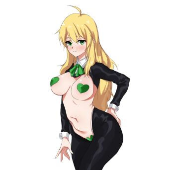 1girl ahoge black_hiphighs black_shrug blonde_hair blush bow bowtie breasts closed_mouth collared_shrug cowboy_shot erenav green_bow green_bowtie green_eyes hand_on_own_hip heart_maebari heart_pasties hiphighs hoshii_miki idolmaster idolmaster_(classic) korean_commentary large_breasts light_smile long_hair maebari navel pasties reverse_bunnysuit reverse_outfit shrug_(clothing) simple_background solo standing white_background wide_hips