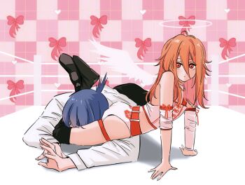 2boys akim0tion alternate_costume androgynous angel_devil_(chainsaw_man) armband asphyxiation bare_shoulders belt between_legs between_thighs black_pants blue_hair blush boots buruma chainsaw_man checkered_background colored_eyebrows crossdressing crossdressing_(mtf) detached_sleeves detached_wings fighting hair_between_eyes hair_over_one_eye halo hayakawa_aki head_between_thighs heart heart_print highres legband long_hair looking_at_viewer lying multiple_boys navel on_floor on_stomach orange_hair pants photo-referenced red_eyes red_hair red_ribbon ribbon ribbon_print scissorhold shirt short_hair sleeveless sleeveless_shirt submission_hold topknot white_shirt wings wrestling wrestling_outfit wrestling_ring