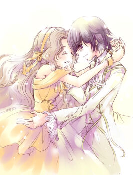 Rule 34 | 00s, bad id, bad pixiv id, black hair, blush, braid, brother and sister, brown hair, code geass, dancing, dress, closed eyes, formal clothes, lelouch vi britannia, long hair, muu, nunnally vi britannia, purple eyes, siblings
