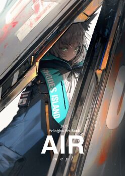 1girl animal_ears arknights artist_name black_ribbon blue_coat cat_ears closed_mouth coat copyright_name english_text floating floating_object green_eyes grey_hair highres hood hood_down hooded_coat long_hair looking_at_viewer open_clothes open_coat pouch pppmepl ribbon rosmontis_(arknights) shirt solo upper_body white_shirt