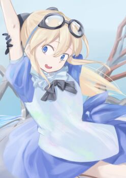 1girl apron blonde_hair blue_dress blue_eyes dress elina_(uchinuma_mizuki_no_jun'ai) goggles goggles_on_head looking_at_viewer plane_flat solo uchinuma_mizuki_no_jun'ai white_apron