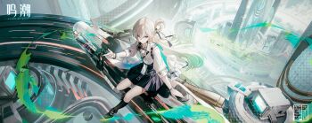 1girl absurdres black_shoes black_skirt black_socks blonde_hair breasts chinese_commentary commentary_request from_above gradient_hair hair_between_eyes hair_ornament hand_up headphones headphones_around_neck highres id_card jacket logo long_hair looking_at_viewer lynae_(wuthering_waves) medium_breasts motor_vehicle motorcycle multicolored_hair partial_commentary purple_eyes shirt shirt_tucked_in shoes skirt skull_hair_ornament socks solo tyhaya white_jacket white_shirt wuthering_waves