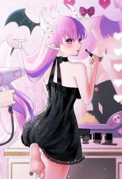 1girl 1other ahoge black_dress commentary_request demon_girl demon_horns dress feet hair_dryer heart heart_ahoge highres horns indie_virtual_youtuber ironmouse kittyriko23 lipstick long_hair makeup multicolored_hair open_mouth pink_hair pointy_ears purple_eyes purple_hair solo streaked_hair virtual_youtuber vshojo white_horns