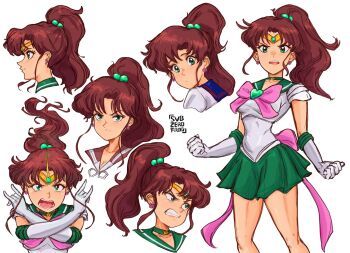 1girl bishoujo_senshi_sailor_moon breasts brown_hair from_side gloves green_eyes kino_makoto long_hair magical_girl miniskirt sailor_jupiter school_uniform skirt subzerofrog teeth