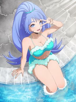 1girl alternate_hairstyle bare_shoulders bikini blue_bikini blue_eyes blue_hair boku_no_hero_academia breasts cleavage collarbone female_focus hado_nejire high_ponytail highres large_breasts long_hair looking_at_viewer matching_hair/eyes open_mouth ponytail poolside sjay smile solo swimsuit thighs tongue v very_long_hair