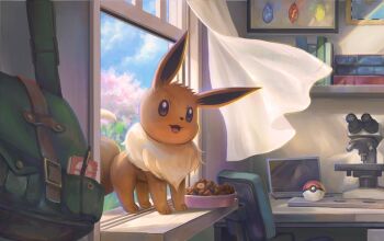 animal_focus blue_sky book bowl chair cloud computer curtains day eevee evolution_stone evolutionary_stone fire_stone gen_1_pokemon green_bag hatohoru laptop microscope nintendo no_humans notepad on_windowsill open_window pet_bowl pet_food poke_ball poke_ball_(basic) pokemon pokemon_(creature) pokemon_focus pokemon_tcg second-party_source shelf sky solo thunder_stone water_stone window