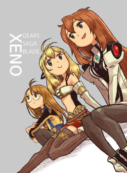 3girls blonde_hair brown_hair closed_mouth commentary_request copyright_name elhaym_van_houten eushima_(sgr) fiora_(xenoblade) glasses highres long_hair looking_at_another multiple_girls open_mouth orange_hair pantyhose shion_uzuki sitting smile xenoblade_chronicles_(series) xenoblade_chronicles_1 xenogears xenosaga xenosaga_episode_i