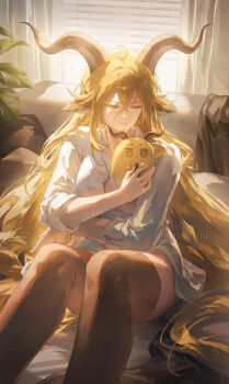 Rule 34 | 1girl, absurdly long hair, ahoge, animal ear fluff, animal ears, arknights, artist name, asymmetrical sidelocks, backlighting, blonde hair, breasts, brown horns, brown thighhighs, character doll, closed eyes, closed mouth, collared shirt, commentary, couch, crossed bangs, curtains, degenbrecher (arknights), doll, dress shirt, english commentary, facing viewer, feet out of frame, goat ears, goat girl, goat horns, hair between eyes, hair flowing over, hair spread out, half-closed eyes, helen zzhao, highres, holding, horns, indoors, light particles, light smile, long bangs, long hair, long sleeves, looking down, medium breasts, on bed, on couch, one eye closed, partially unbuttoned, plant, potted plant, shirt, sidelocks, sitting, smile, solo, stuffed toy, sunlight, thighhighs, twitter username, very long hair, white shirt, window, window blinds, wing collar, yellow eyes