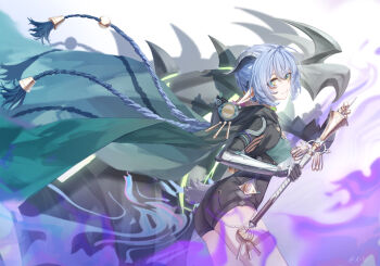 1girl absurdres accessories animal_ears ass black_horns black_unitard blue_hair bra braid bu_bai_(wres2744) closed_mouth commentary_request cowboy_shot ethereal_(zenless_zone_zero) from_side goat_ears goat_girl goat_horns goat_tail green_bra green_pupils hair_between_eyes highres holding holding_staff hood horns long_hair lucia_elowen pointy_ears shadow sideways_glance smile smoke staff tail twin_braids underwear white_background yellow_eyes zenless_zone_zero