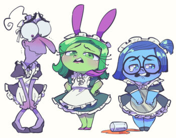 1boy 2girls alternate_costume animal_ears apron ball blue_eyes blue_hair blue_theme blush buck_teeth colored_skin crossdressing disgust_(inside_out) disney enmaided fear_(inside_out) green_eyes green_hair inside_out maid maid_apron maid_headdress multiple_girls pixar purple_eyes purple_skin rabbit_ears sadness_(inside_out) sanjiro_(tenshin_anman) short_hair spill teeth