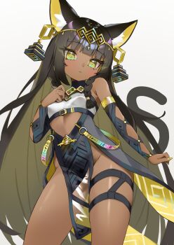 1girl absurdres ancient_egyptian animal_ears bare_shoulders black_tail blue_sleeves breasts cat_ears cat_girl cat_tail closed_mouth cowboy_shot dark-skinned_female dark_skin detached_sleeves dot_nose dress expressionless green_eyes grey_background groin highres brown_egyptian_cat-eared_loli_(trend) long_hair md5_mismatch nitoron original pelvic_curtain resolution_mismatch sleeveless sleeveless_dress small_breasts solo source_larger straight_hair tail thigh_focus thighs very_long_hair