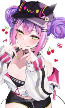 1girl bibi_(tokoyami_towa) black_hat black_shorts blush breasts cherry cleavage collarbone demon_girl demon_tail double_bun food four-finger_heart_hands fruit green_eyes hair_bun hair_ornament hairclip hat heart heart_hands highres hololive long_sleeves medium_breasts midriff multicolored_hair parallel_hairclips punikasu purple_hair shorts smile smug tail tokoyami_towa tokoyami_towa_(1st_costume) two-tone_hair upper_body virtual_youtuber white_background