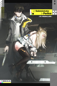 1boy 1girl absurdres animal_ears arknights arknights:_endfield ass bent_over black_hair black_jacket chinese_commentary clothes_pull commentary_request crying endministrator_(arknights) fireball_666 grey_hair greyscale highres indoors jacket long_hair long_sleeves male_endministrator_(arknights) monochrome multiple_girls open_mouth pants pantyhose pantyhose_pull perlica_(arknights) shirt spanking standing white_shirt