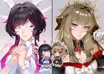 Rule 34 | 2girls, alternate hairstyle, black hair, blue eyes, bow, brown hair, closed eyes, columbina (genshin impact), commentary, dress, english commentary, eye mask, frown, genshin impact, ggelus, gloves, hairstyle switch, head wings, highres, long hair, mask, multicolored hair, multiple girls, own hands together, purple hair, sandrone (genshin impact), signature, smile, white bow, white dress, white gloves, white wings, wings