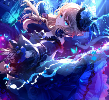 1girl bare_shoulders black_dress black_flower black_gloves black_rose blonde_hair blue_butterfly blue_eyes blue_flower blue_rose blurry bug butterfly commentary_request dress floating_hair flower gloves hair_flower hair_ornament highres indoors insect komorihikki long_hair looking_at_viewer mask original parted_lips rose sensitive solo