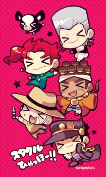 &gt;_&lt; 5boys :&gt; :3 black_coat bottle brown_hair brown_headwear brown_shirt chain chibi chibi_only coat dog dreadlocks earrings green_jacket grey_hair holding holding_bottle iggy_(jojo) jacket jean_pierre_polnareff jewelry jojo_no_kimyou_na_bouken joseph_joestar joseph_joestar_(old) kakyoin_noriaki kotorai kuujou_joutarou male_focus mohammed_avdol multiple_boys open_mouth outstretched_arms pants pink_background red_hair scar scar_on_face shirt sideburns smile spread_arms thick_eyebrows translation_request v-shaped_eyebrows white_hair white_pants