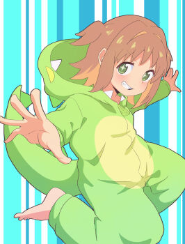 1girl absurdres animal_hood brown_hair collarbone dinosaur_costume full_body green_eyes grin hair_intakes highres hood long_sleeves looking_at_viewer midair multicolored_hair namari_siro oka_asahi onesie onii-chan_wa_oshimai! orange_hair outstretched_arms short_hair smile solo two-tone_hair two_side_up