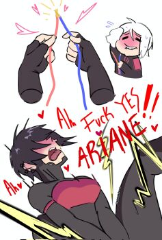 2girls android ariane_yeong black_bodysuit black_hair bodysuit cable electricity elster_(signalis) english_text flying_sweatdrops heart highres mallory_mond multiple_girls profanity short_hair sidelocks signalis simple_background sweatdrop tongue tongue_out twitter_username white_background white_hair wire yuri