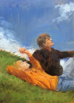 2boys aizen_sousuke annas_anya black_shirt bleach blonde_hair brown_hair closed_eyes cloud collared_shirt commentary denim english_commentary glasses grass highres hirako_shinji holding hood hoodie jeans long_sleeves lying male_focus multiple_boys nose oil_painting_(medium) on_back on_grass orange_hoodie orange_sweater outdoors painting_(medium) pants shirt short_hair sky smile sweater teeth traditional_media wheat