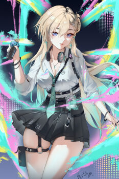 1girl absurdres black_skirt blonde_hair braid braided_bangs breasts cleavage collarbone commentary_request earrings flag888 hair_between_eyes hair_ornament headphones headphones_around_neck highres holding holding_spray_can id_card jewelry long_hair looking_at_viewer lynae_(wuthering_waves) medium_breasts necklace open_mouth purple_eyes shirt skirt skull_hair_ornament smile solo spray_can star_(symbol) star_earrings thighs white_shirt wuthering_waves