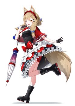 1girl absurdres animal_ear_fluff animal_ears arknights arknights:_endfield black_boots black_dress black_gloves blonde_hair bloomers blush boots bow capelet commentary_request dress fox_ears fox_girl fox_tail full_body gloves harrybyharry highres long_hair looking_at_viewer one_eye_closed open_mouth red_bloomers red_bow red_capelet rossi_(arknights) simple_background smile solo strapless strapless_dress tail umbrella underwear white_background yellow_eyes