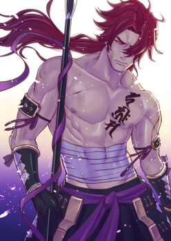 1boy black_gloves gloves hair_over_one_eye hakama hakama_skirt japanese_clothes long_sideburns male_focus midriff_sarashi muscular nipples petals polearm ponytail red_hair sakakibara_mizuki sarashi siddham sideburns skirt solo spear tattoo tonbokiri_(touken_ranbu) topless_male touken_ranbu weapon white_background yari yellow_eyes