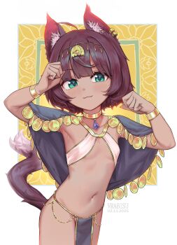 1girl absurdres animal_ears armpits bracelet breasts brown_egyptian_cat-eared_loli_(trend) brown_hair cat_ears cat_girl cat_tail coin_(ornament) dark-skinned_female dark_skin fangs fangs_out gold_bracelet gold_collar green_eyes head_chain highres jewelry loli looking_at_viewer navel original paw_pose pelvic_curtain shawl short_hair simple_background sling_bikini_top small_breasts smile stomach sweatdrop tail vrabius