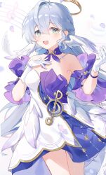 Rule 34 | 1girl, :d, absurdres, aqua eyes, bare shoulders, breasts, choker, commentary, cowboy shot, detached sleeves, dress, grey hair, hair intakes, hand on own hip, hands up, head wings, highres, honkai: star rail, honkai (series), long hair, looking at viewer, mokyuko, open mouth, purple choker, robin (honkai: star rail), short sleeves, small breasts, smile, solo, staff (music), standing, strapless, strapless dress, thighs, very long hair, white background, white dress, wings