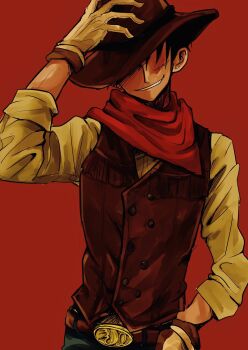 1boy aji_of_aji55 bandana bandana_around_neck belt belt_buckle brown_vest buckle commentary_request cowboy_hat cowboy_shot cowboy_western facial_scar gloves grin hand_on_headwear hand_on_own_hip hat highres monkey_d._luffy no_eyes official_alternate_costume one_piece parted_lips red_background red_bandana scar scar_on_cheek scar_on_face shirt smile solo straight-on upper_body vest white_gloves white_shirt