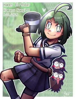 3girls ahoge black_shorts blue_skirt blue_socks blush blush_stickers border brown_gloves brown_hair character_name chibi chibi_inset clenched_hand closed_mouth collared_shirt commentary_request danganronpa_(series) danganronpa_another_episode:_ultra_despair_girls dated english_text eyelashes fingerless_gloves fukawa_toko genocider_shou glasses gloves green_eyes green_hair hair_between_eyes happy_birthday heart holding holding_megaphone lightning_ahoge long_hair long_tongue megaphone mixed-language_commentary multiple_girls naegi_komaru opaque_glasses outline pakyuomg1 round_eyewear school_uniform serafuku shirt short_hair short_sleeves shorts shorts_under_skirt signature skirt smile socks solo_focus tongue tongue_out v-shaped_eyebrows white_border white_outline white_shirt