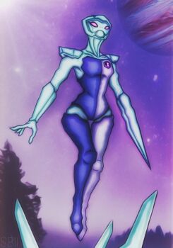 1girl alien ben_10 blue_skin colored_skin diamond diamondhead floating gwen_tennyson highres pink_eyes sheepblack11 solo tagme